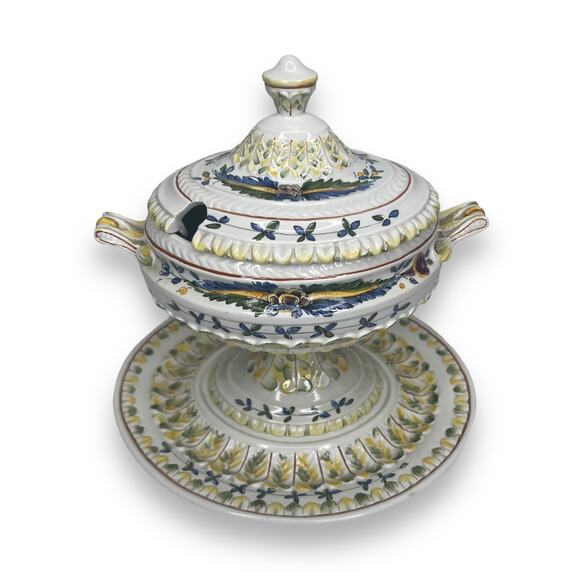 Hand Painted Vintage Italian Faience Footed Porcelain Tureen W/ Underplate Italy - Picture 2 of 15